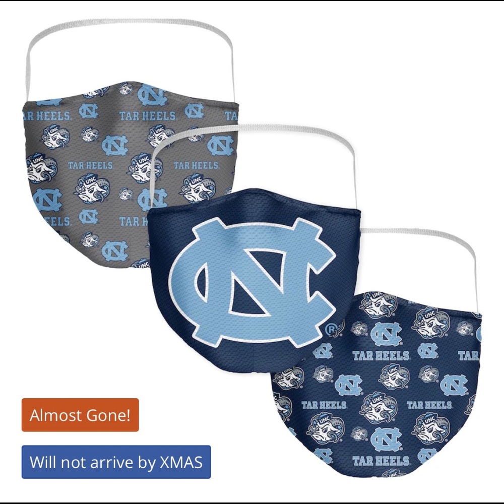 Set of three Carolina Tar Heels UNC North Carolina masks back strap